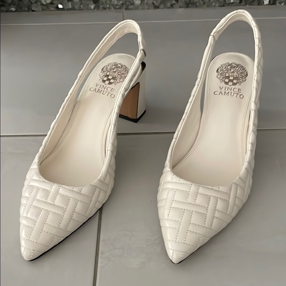 Vince Camuto White Slingback Heels with Geometric Design